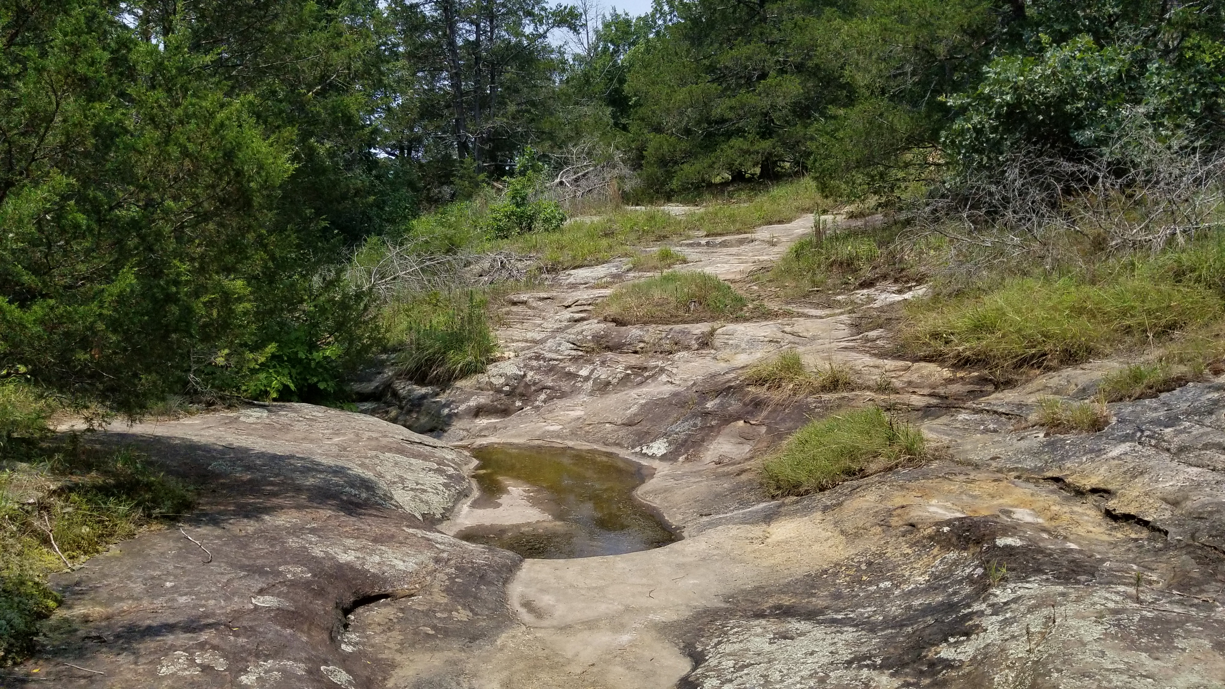 A rocky sandstone slope with a trickle of water. When it rains, it becomes a waterfall. 