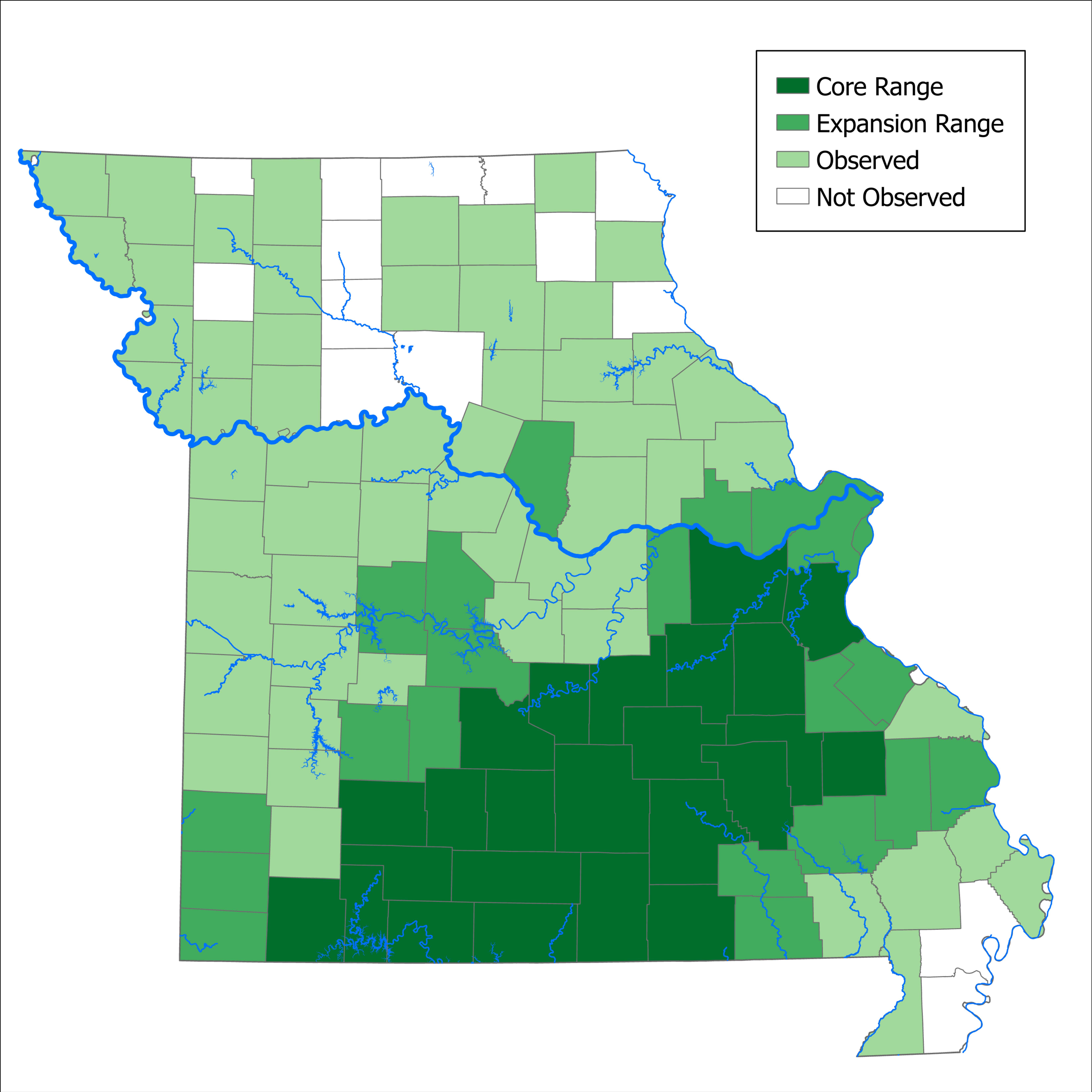 Map of Missouri showing the core range and expansion range of black bears as well as counties where bears have been observed. 