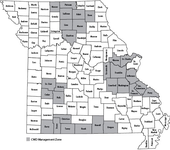 Map of Missouri counties showing MDC CWD Management Zone