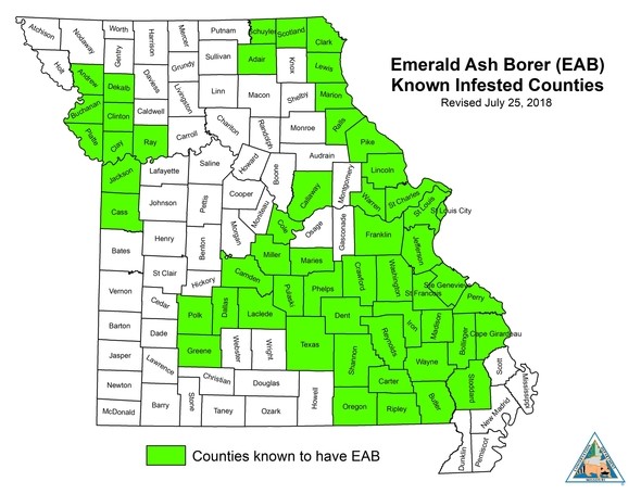 Map of where EAB can found through Missouri