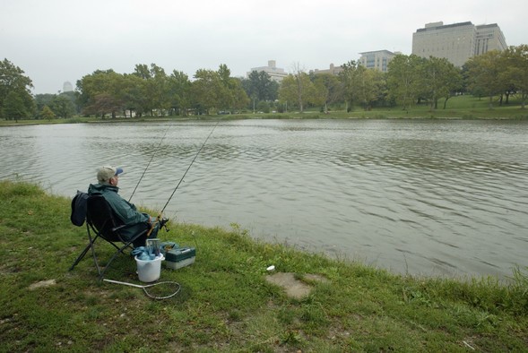 A man fishes at Jefferson Lake in Forest Park.