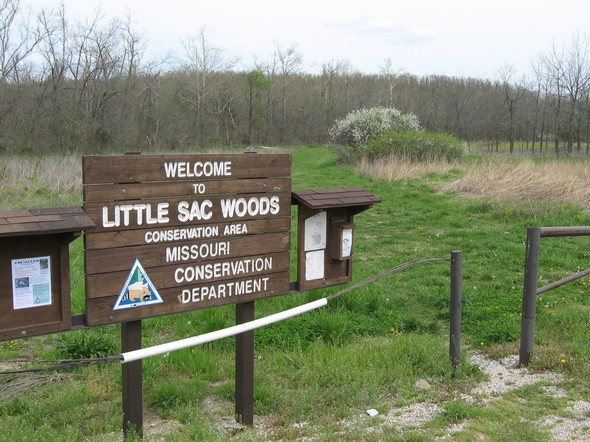 The entrance sign to Little Sac Woods Conservation Area