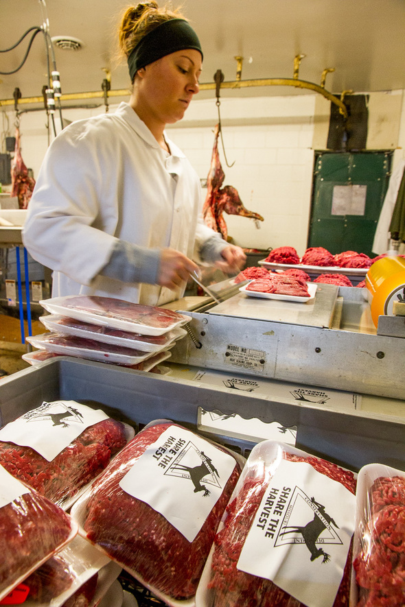 An employee at Josephville Meat Processing in Wentzville wraps freshly-ground venison for the Share the Harvest Program.  Josephville is one of the program’s participating processors.