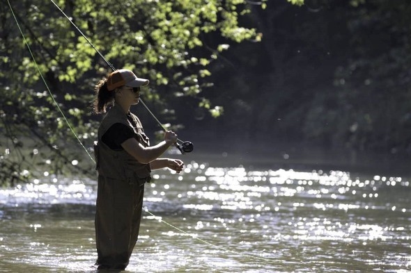 woman fly fishing in stream