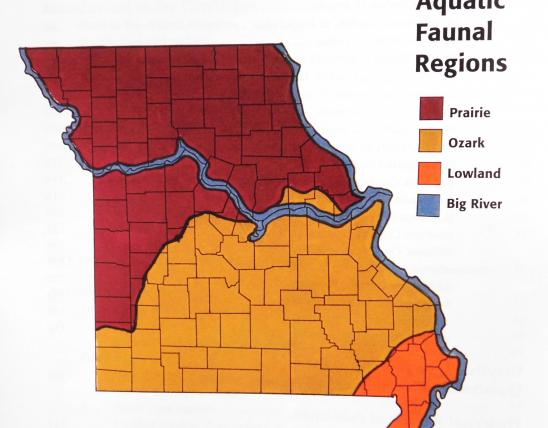 Map of the state of Missouri showing the four aquatic faunal regions