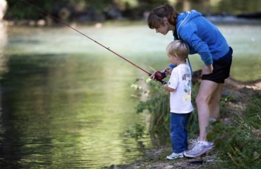 Mother son fishing