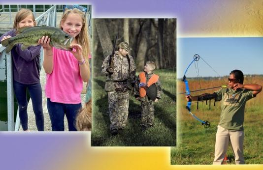 Collage showing two girls with bass, father and son turkey hunting, and a young archer