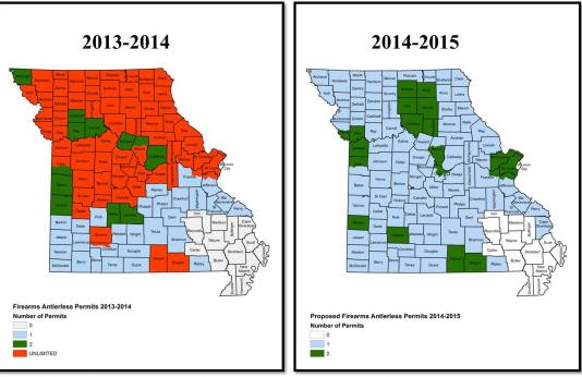 These two maps show changes in antlerless permit availability.