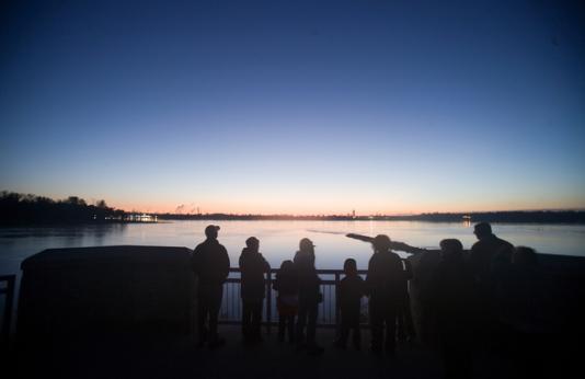 Sunrise on the Confluence viewing platform at Columbia Bottoms Conservation Area.