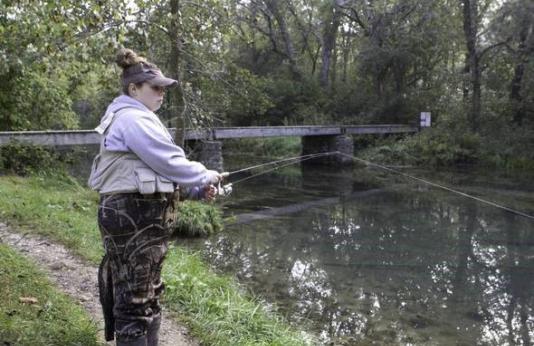 Female angler trout fishing.