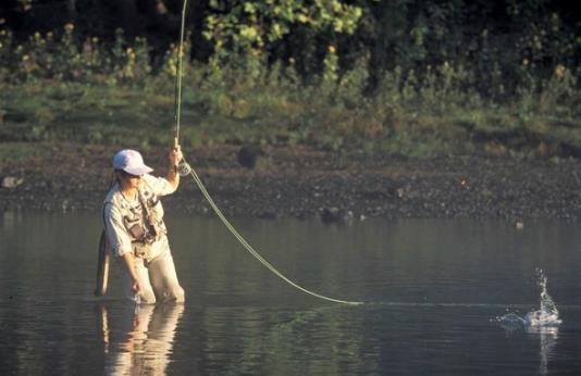 A woman stands in a river fly fishing.