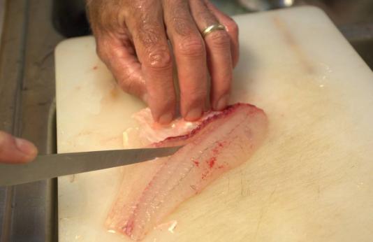 cutting a fish filet